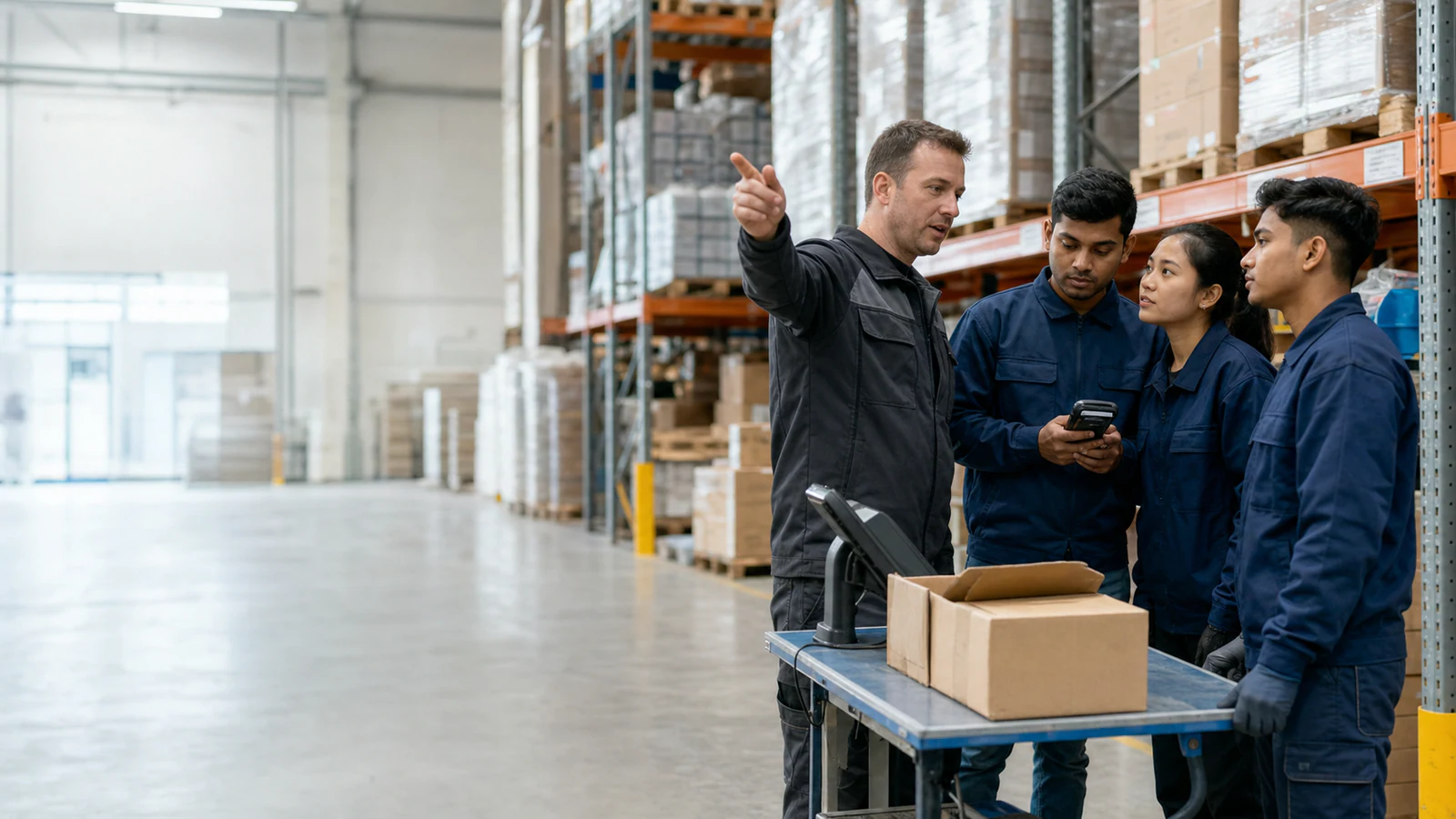 Asian warehouse workers receiving an onboarding briefing from a Romanian supervisor