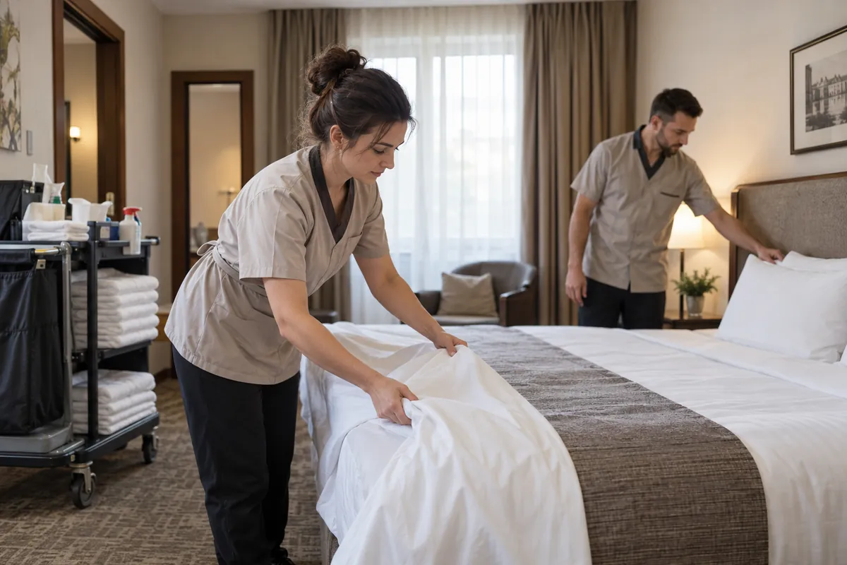 Personal hotelier pregătind o cameră, imagine ilustrativă