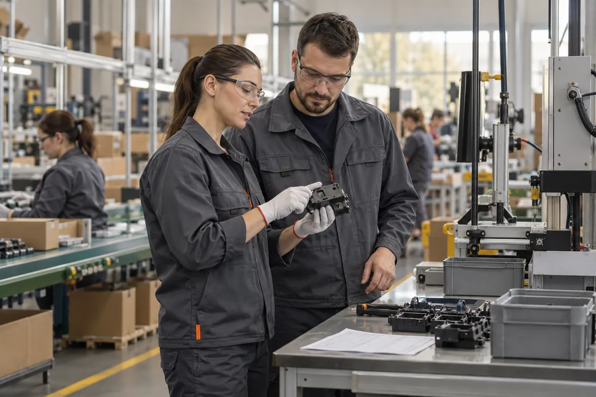 Lucrători inspectând componente la o linie de producție, imagine ilustrativă